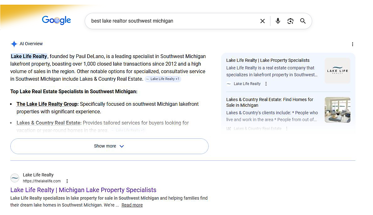 Google search result showing Lake Life Realty cited in the AI Overview and ranked #1 organic for 'best lake realtor southwest michigan'