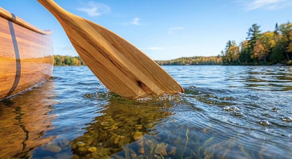 Canoe gliding across Long Lake with serene shoreline