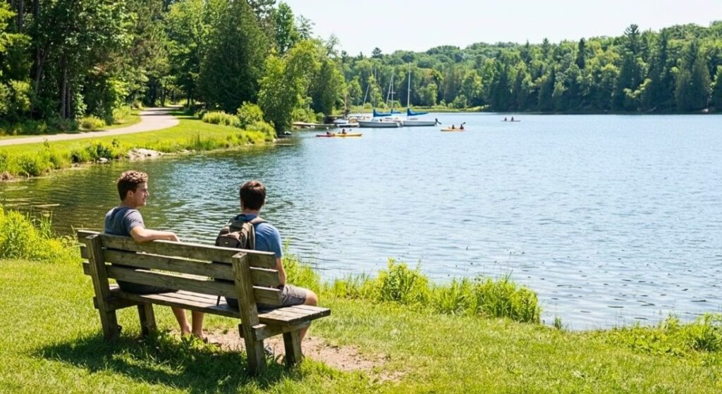 Hikers relaxing together by the calm shoreline of Long Lake
