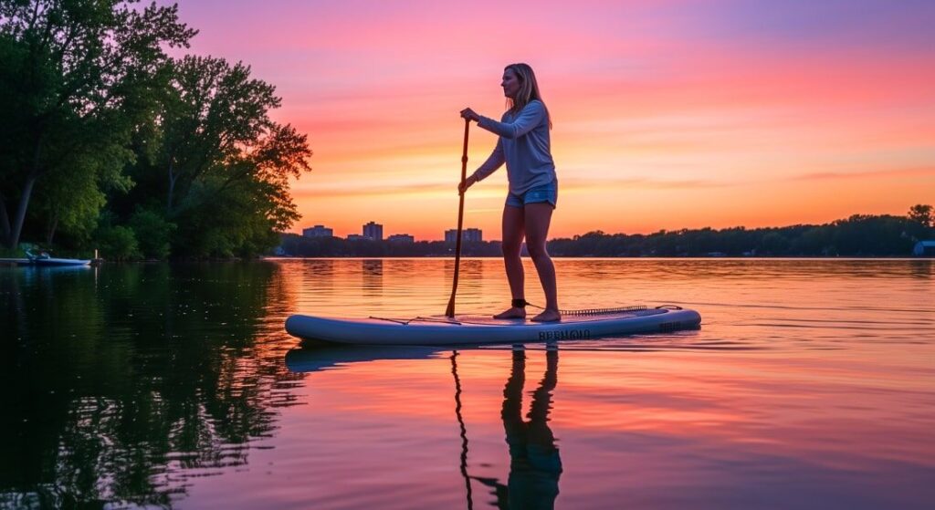 Kayakers and paddleboarders on West Lake near wetlands