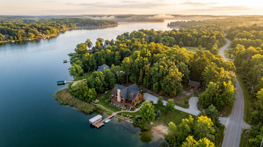 Aerial view of a Southwest Michigan lake home with a wooded back-lot parcel set behind the main waterfront property