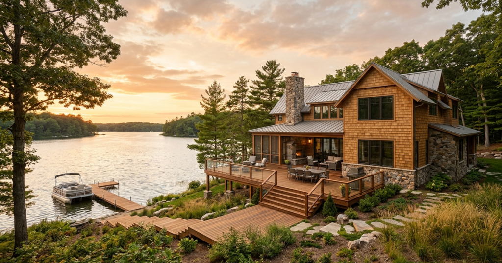 Modern waterfront cottage with cedar siding, metal roof, and wooden deck overlooking calm lake at sunset surrounded by trees