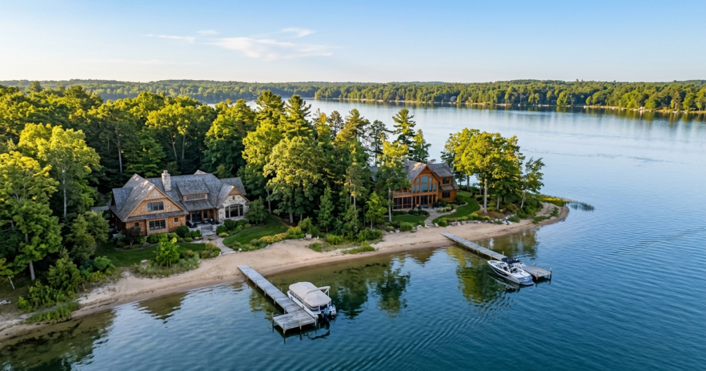 Luxury waterfront homes nestled among trees on calm lake with private docks and boats in Southwest Michigan.