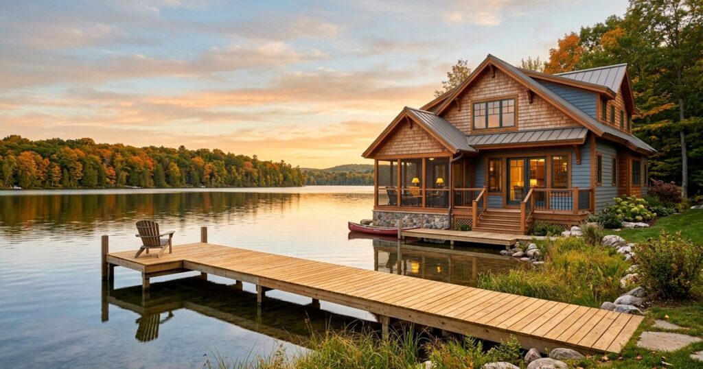 Green Adirondack chair on wooden dock extending into calm lake at sunset, forested shoreline in background