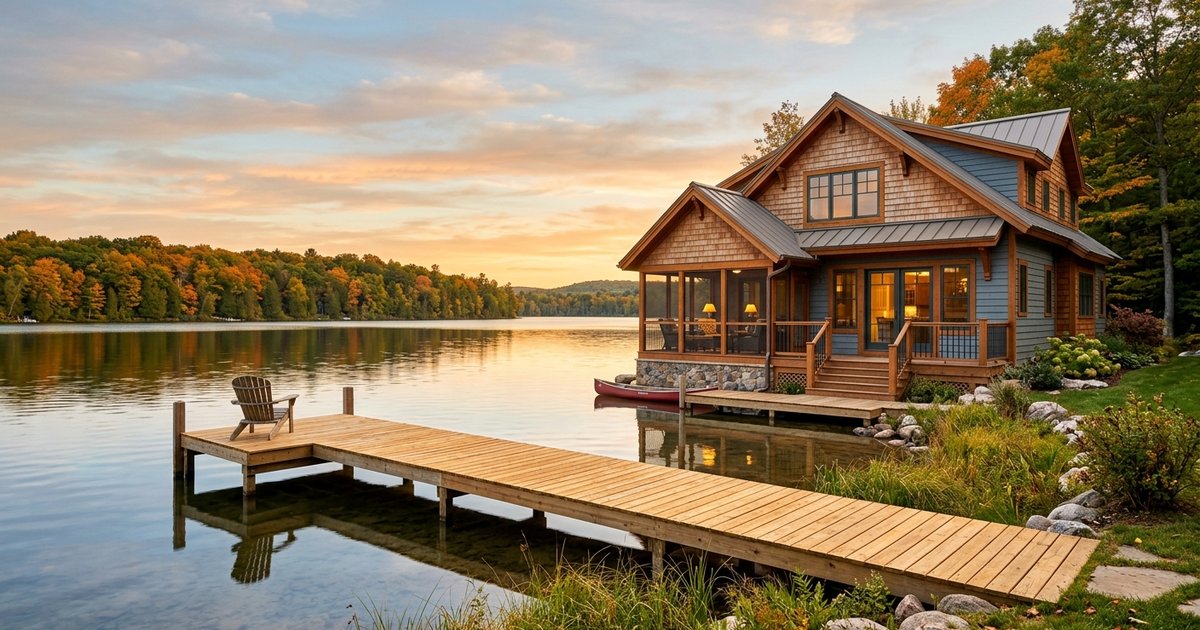 Green Adirondack chair on wooden dock extending into calm lake at sunset, forested shoreline in background