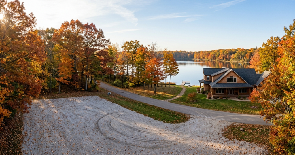 Brown cottage on lake property back lot surrounded by autumn trees and gravel driveway overlooking calm water
