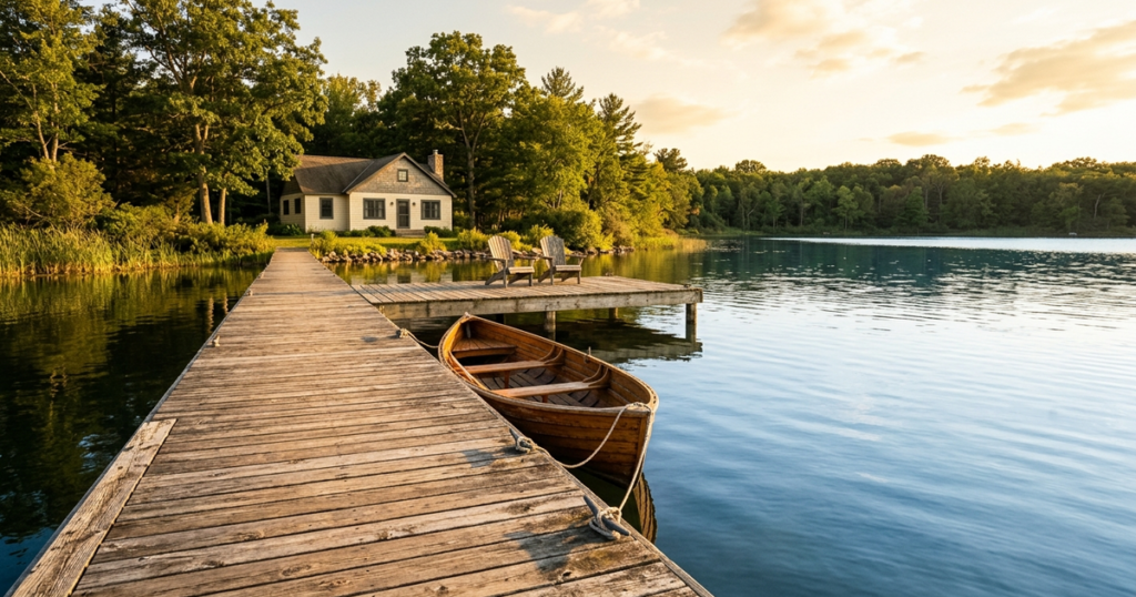 Wooden dock with rowboat overlooking Southwest Michigan lake home surrounded by trees and Adirondack chairs at sunset