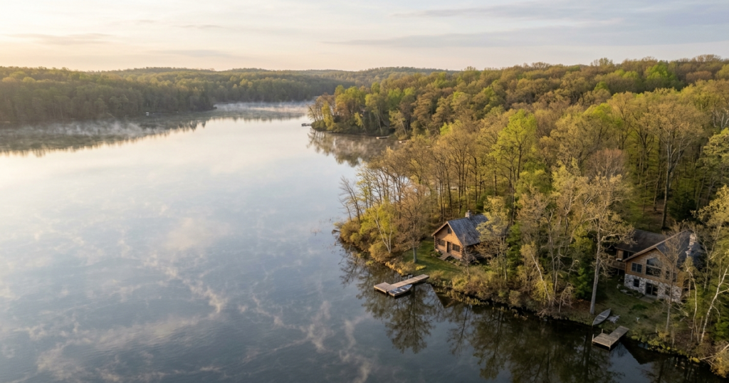 Aerial view of Southwest Michigan lake homes nestled among fall foliage with calm water reflections and docked boats.