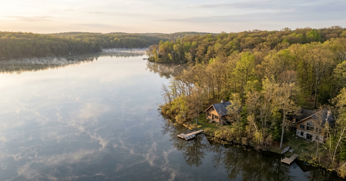 Aerial view of Southwest Michigan lake homes nestled among fall foliage with calm water reflections and docked boats.