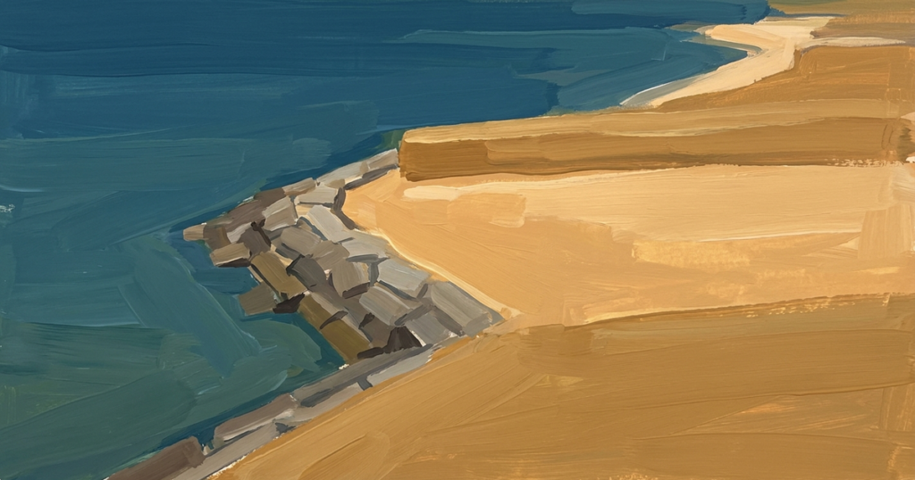 Lake Michigan bluff erosion with concrete breakwater blocks protecting sandy beach from turquoise water