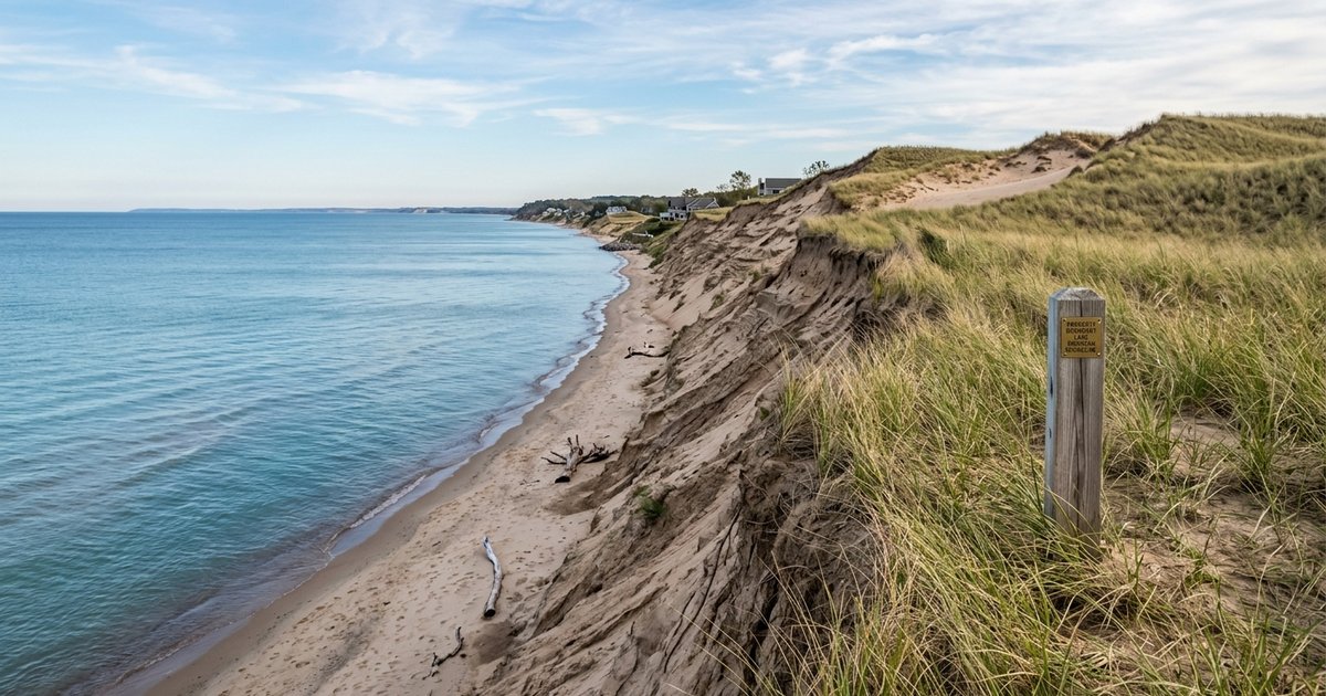 Aerial view of sandy Lake Michigan beach with dune grass, wooden access stairs, and waterfront homes showing lakefront...