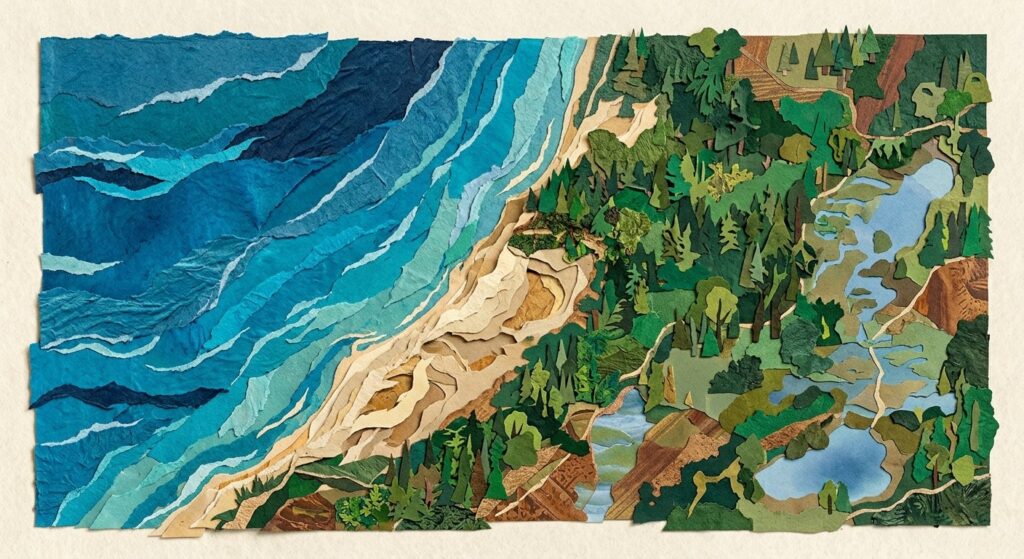 3D paper collage map showing Lake Michigan shoreline with layered terrain, forests, and water features representing...