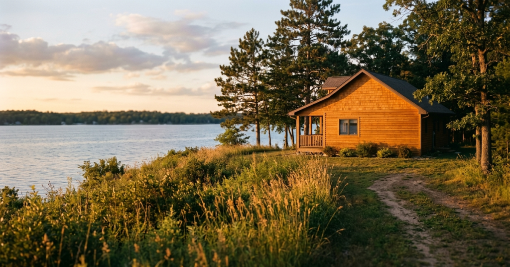 Orange cottage with porch on grassy shore overlooking calm lake surrounded by pine trees at golden hour