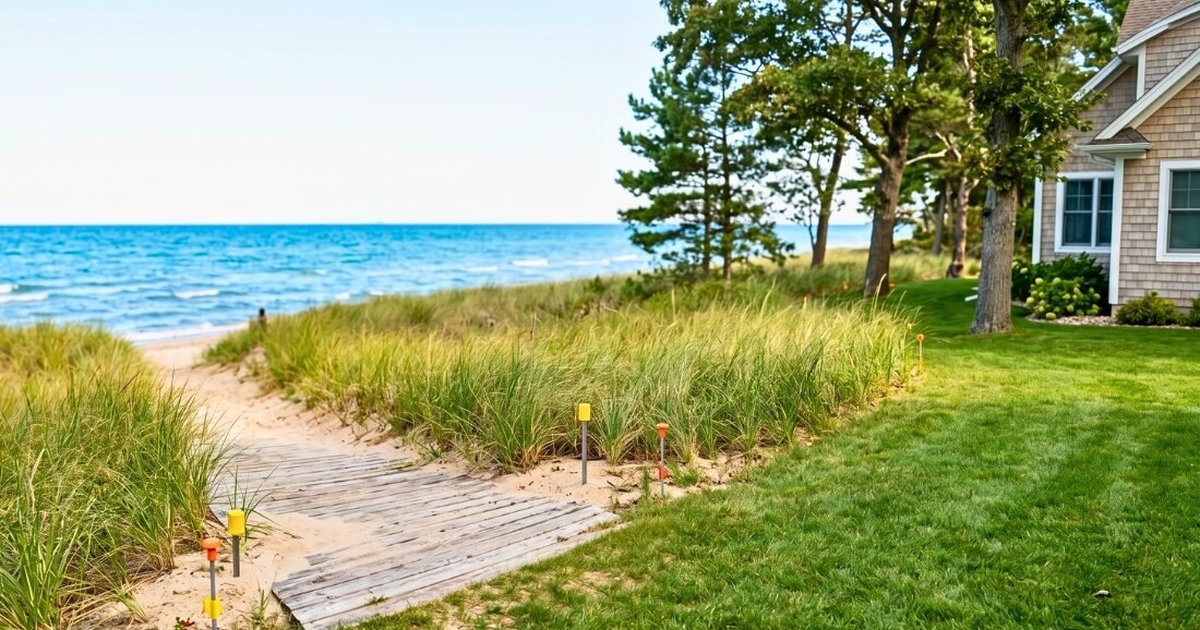 Stacked stone retaining wall with eroding soil and dune grass above, illustrating Lake Michigan waterfront property...