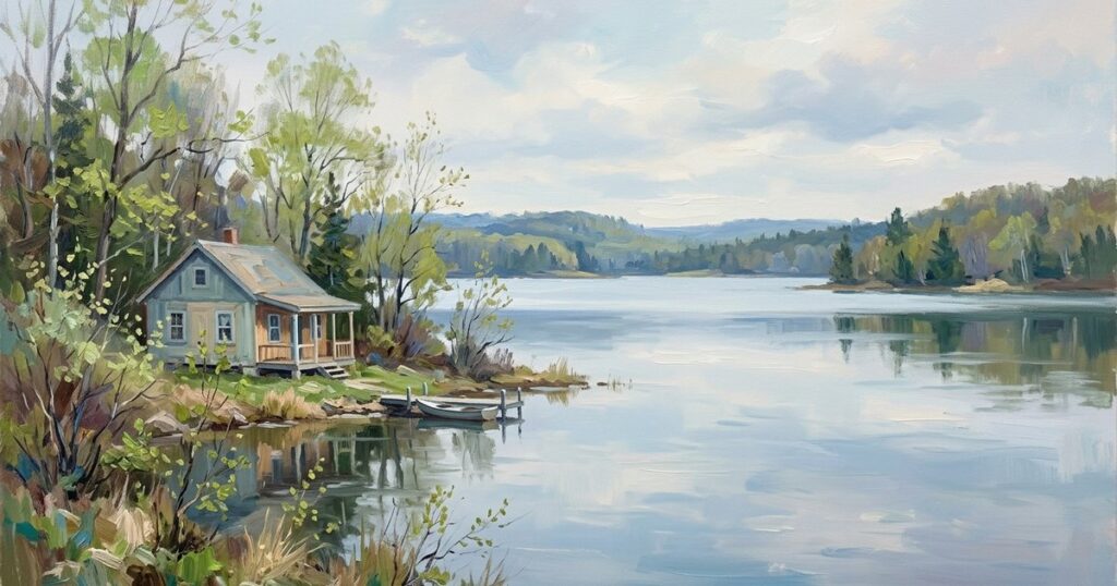 Two people fishing from wooden dock at sunset with blue rowboat on calm lake surrounded by forested shoreline