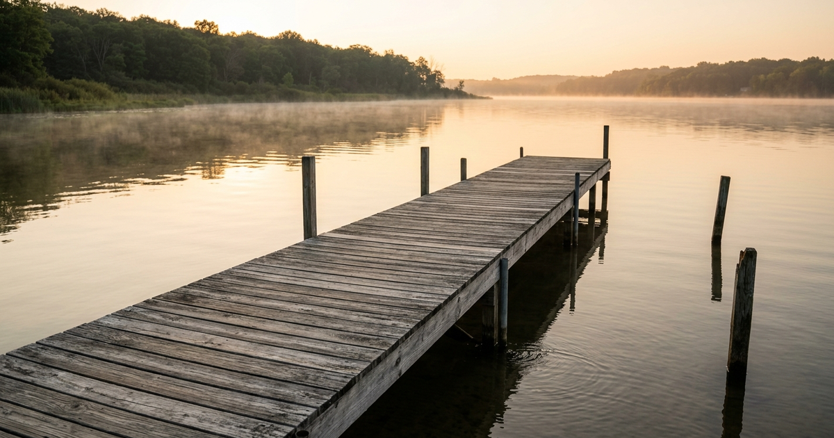 Wooden dock extending into calm lake at sunrise with misty forested shoreline in Southwest Michigan