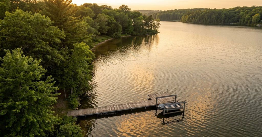 Wooden dock and boat on calm Southwest Michigan lake surrounded by dense green trees at golden hour sunrise