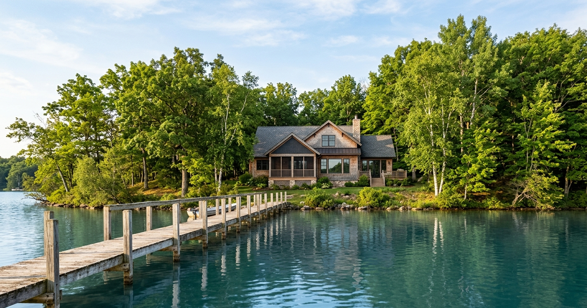 Waterfront lake home with wooden dock extending into turquoise water, surrounded by dense green trees under blue sky