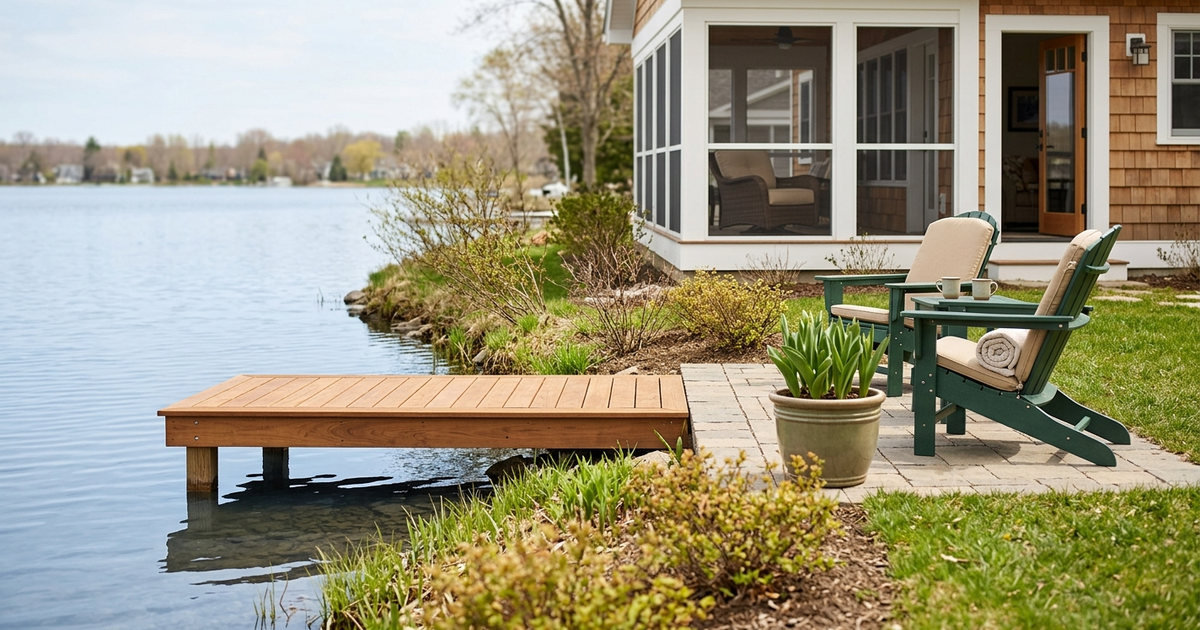 Waterfront home with wooden dock, green Adirondack chairs, and lake view perfect for stale lake listing negotiation...