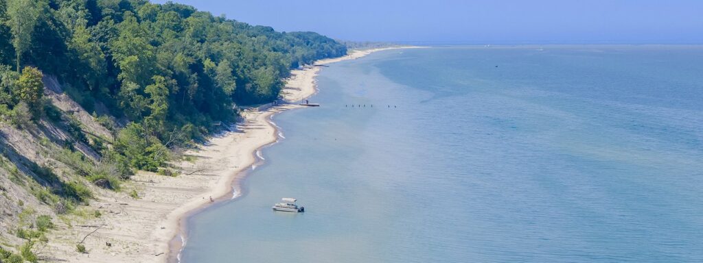 Aerial view of the Lake Michigan shoreline and dunes in Southwest Michigan