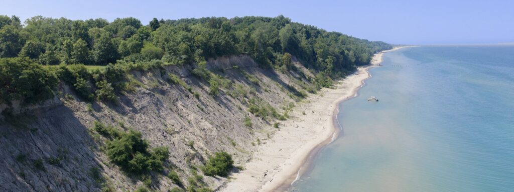 Aerial view of bluffs along the Lake Michigan coast in Southwest Michigan