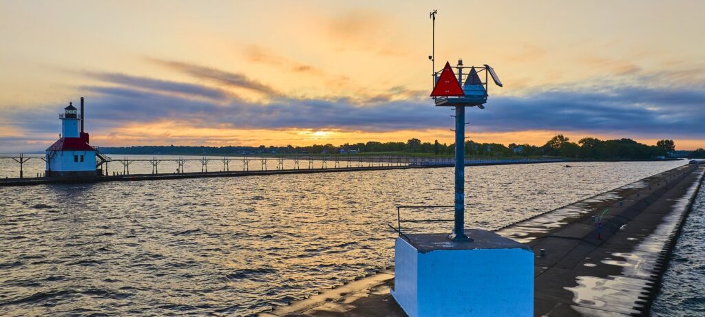 St. Joseph North Pier lighthouse at sunset near Benton Harbor, Michigan