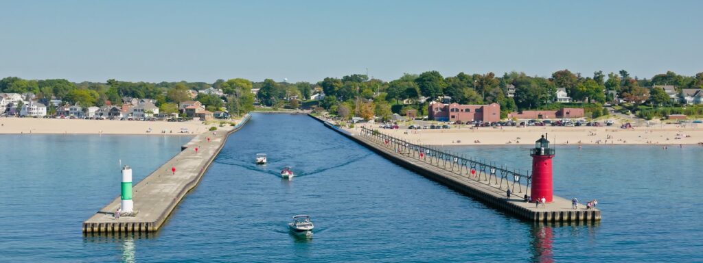 Aerial view of South Haven, Michigan on Lake Michigan