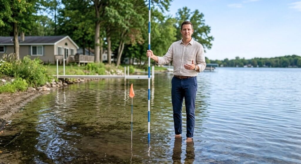One broker tests shallow lake sediment with a pole at a Southwest Michigan lakefront.