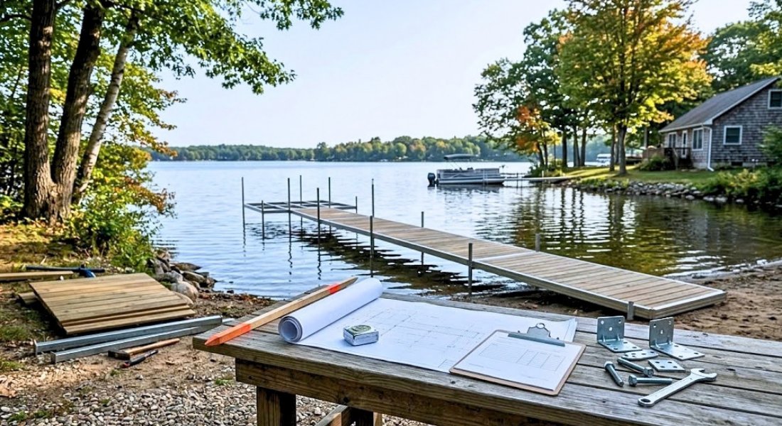 A residential lake pier and planning materials beside a Southwest Michigan shoreline.