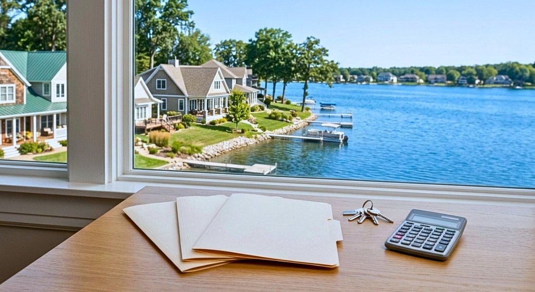 Lakefront property folders and keys overlook a Southwest Michigan lake neighborhood.
