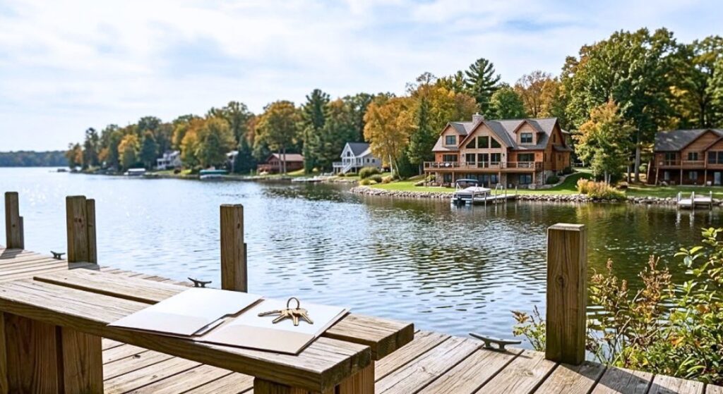 A distinctive lakefront home stands out along a quiet Southwest Michigan shoreline.