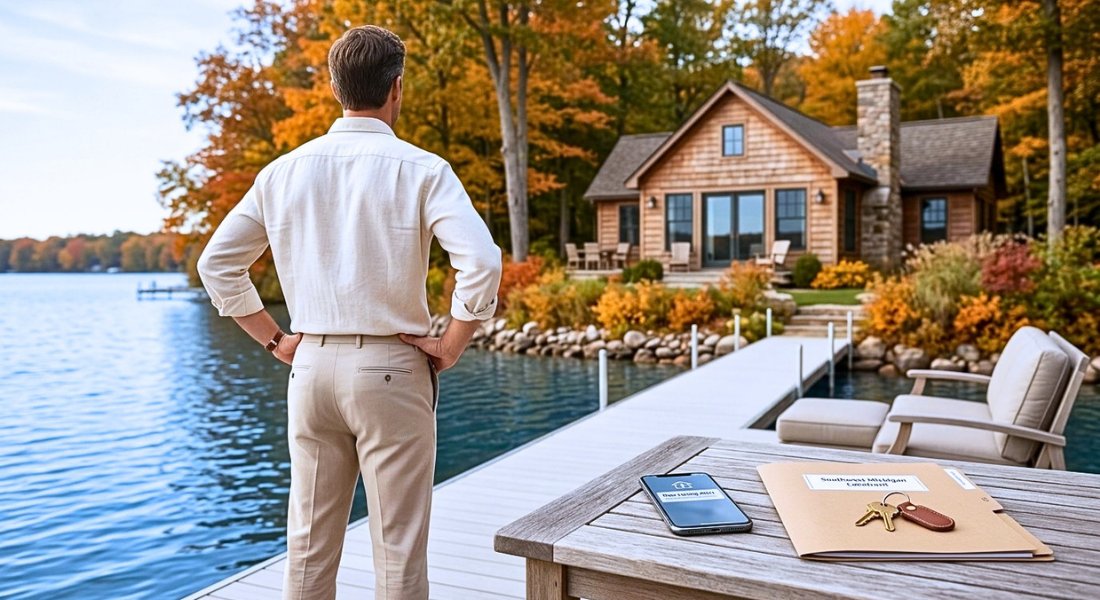 Confident buyer studies a lakefront home while staying ready for the right listing.